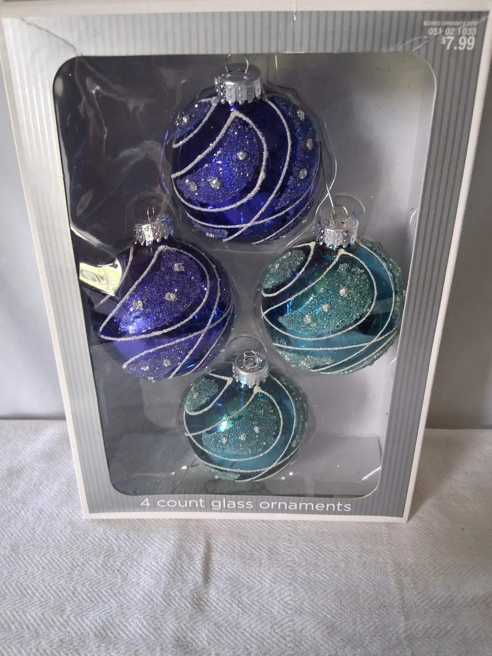 4-Pack Glass Holiday Ornaments in Blue & Teal with Glitter Accents